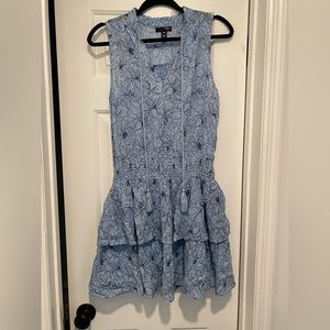 AQUA blue floral drop waist mini dress with tassels